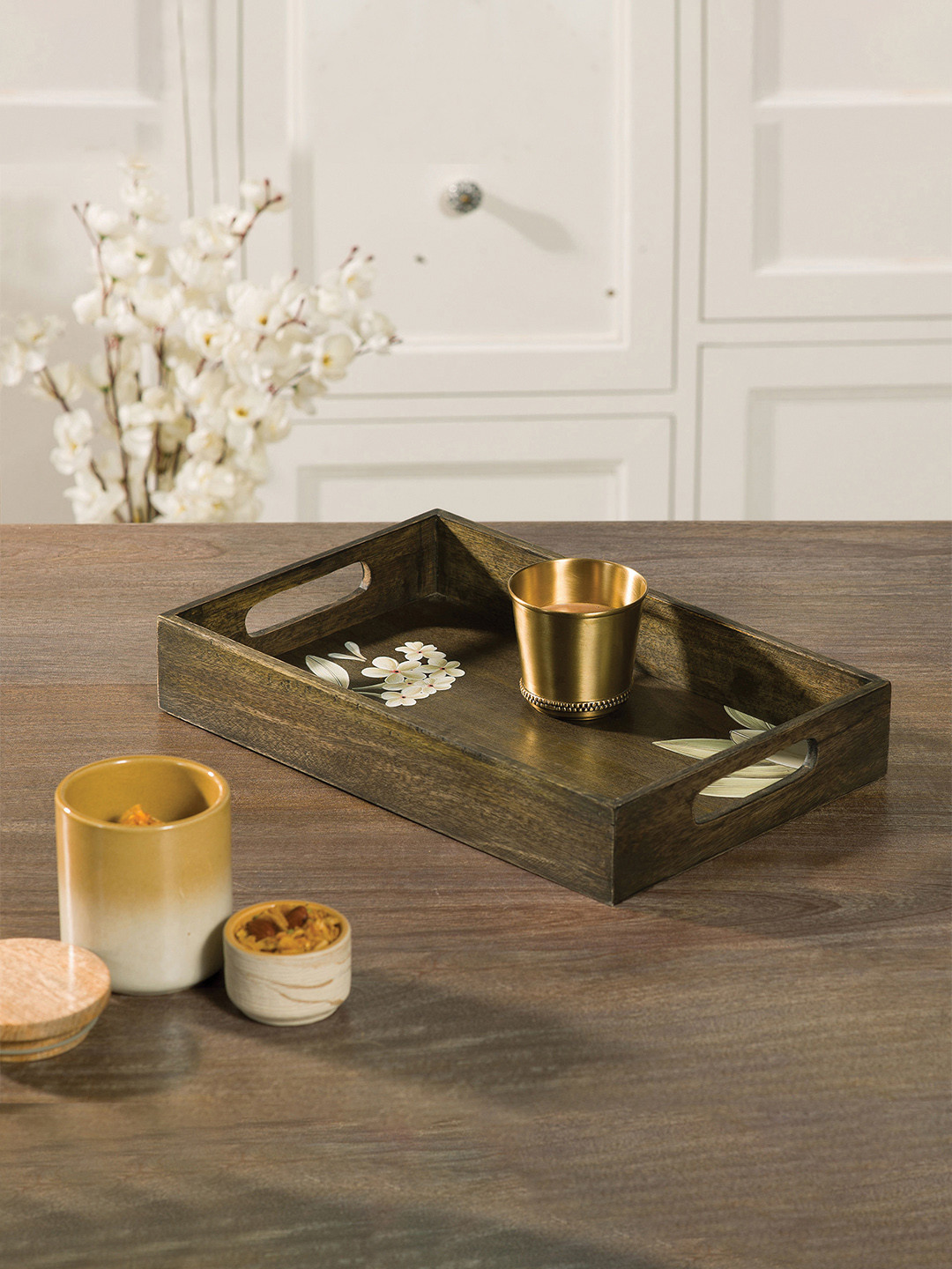 ellementry Brown Rectangle Frangipani Wooden Tray