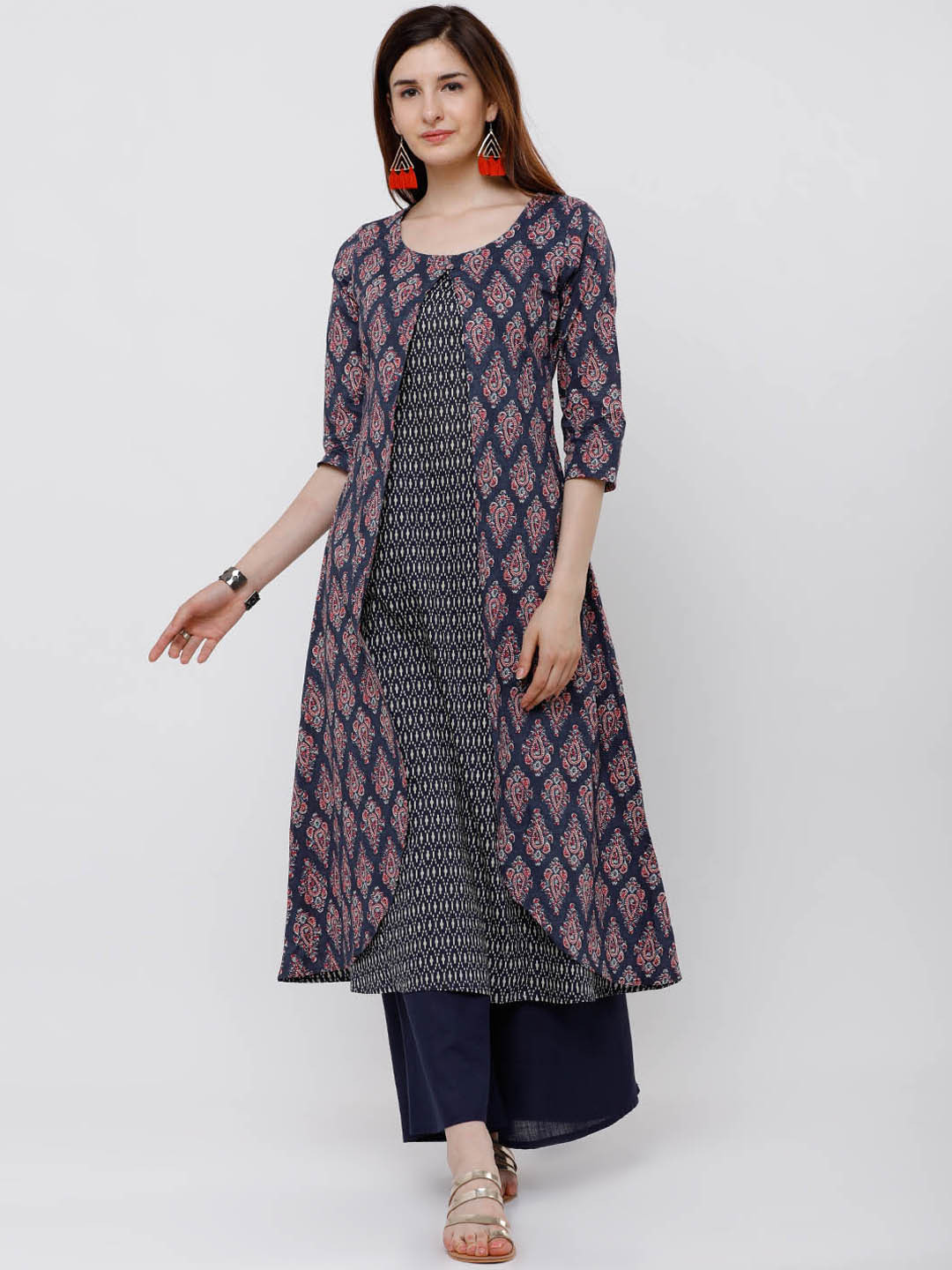 Vishudh Women Navy Blue and Pink Printed Layered A-Line Kurta