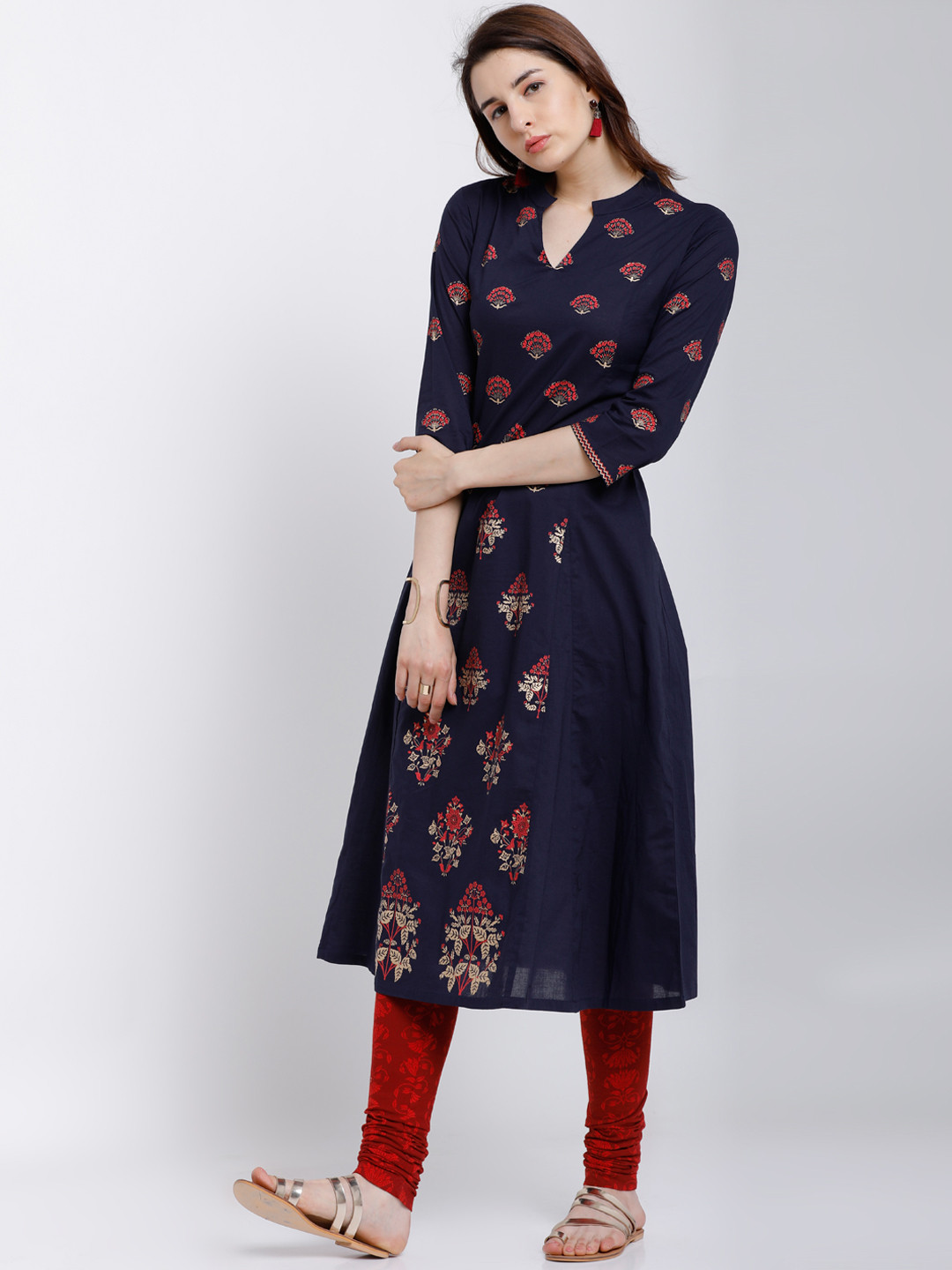 Vishudh Women Navy Blue And Red Floral Print A-Line Kurta