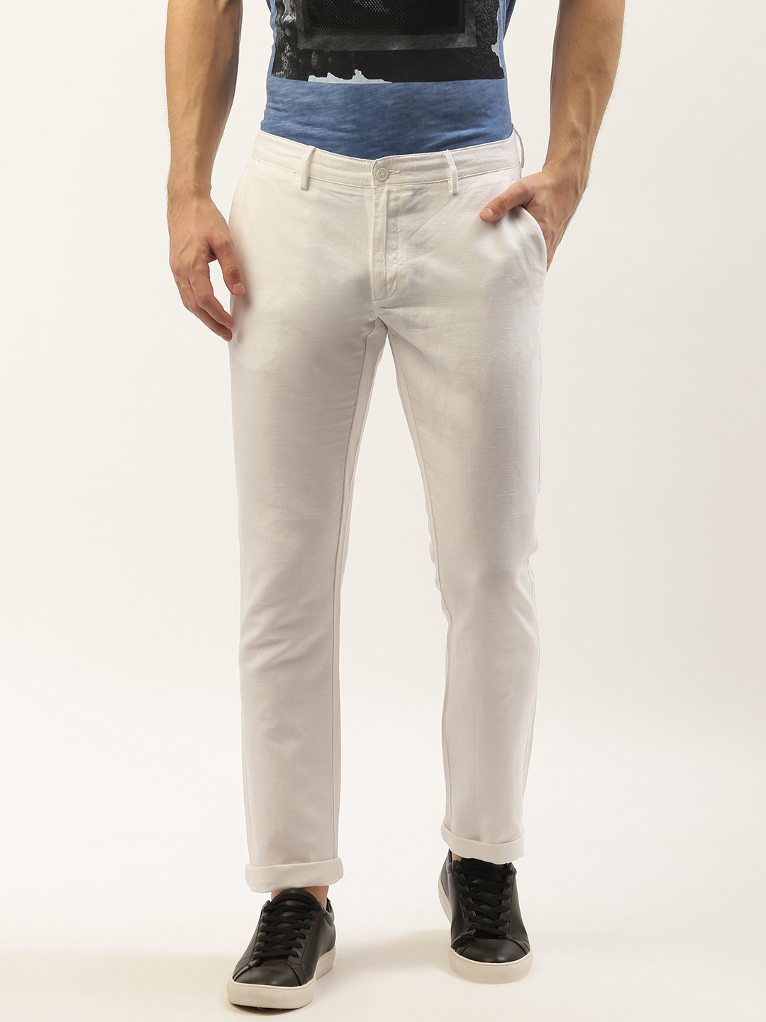 Blackberrys Men White B-95 Slim Fit Solid Regular Skinny Fit Trousers