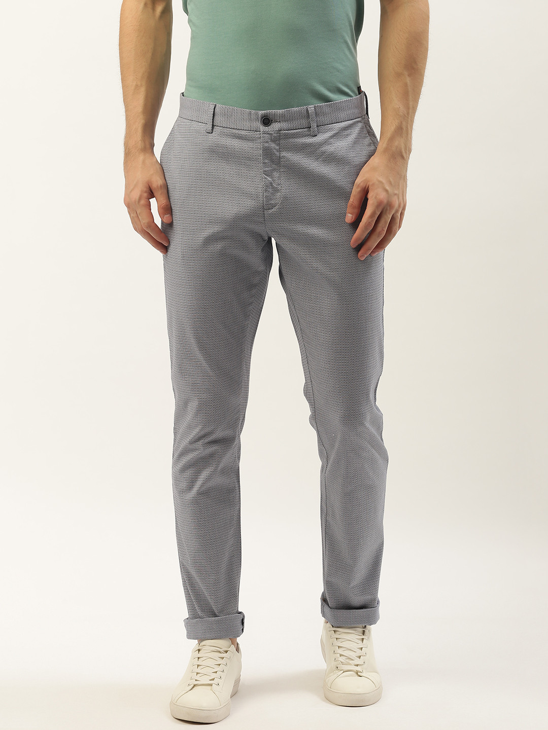 Blackberrys Men Blue & White Sharp B-95 Slim Fit Printed Regular Trousers