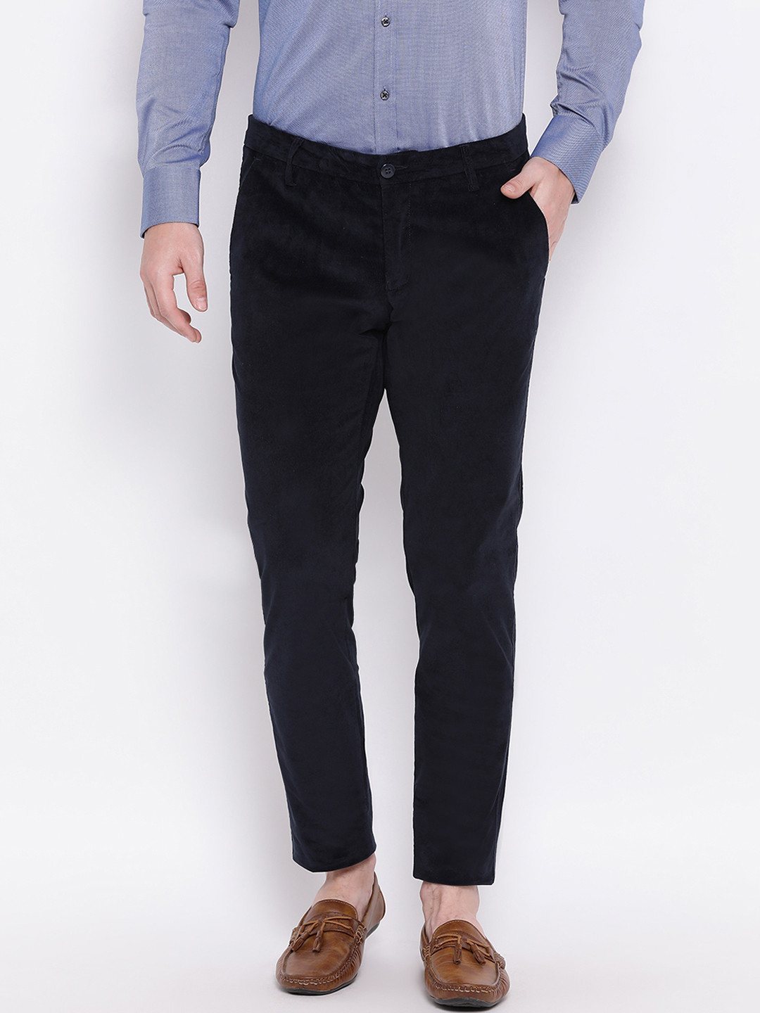 Bruun & Stengade Men Navy Blue Slim Fit Solid  Corduroy Regular Trousers