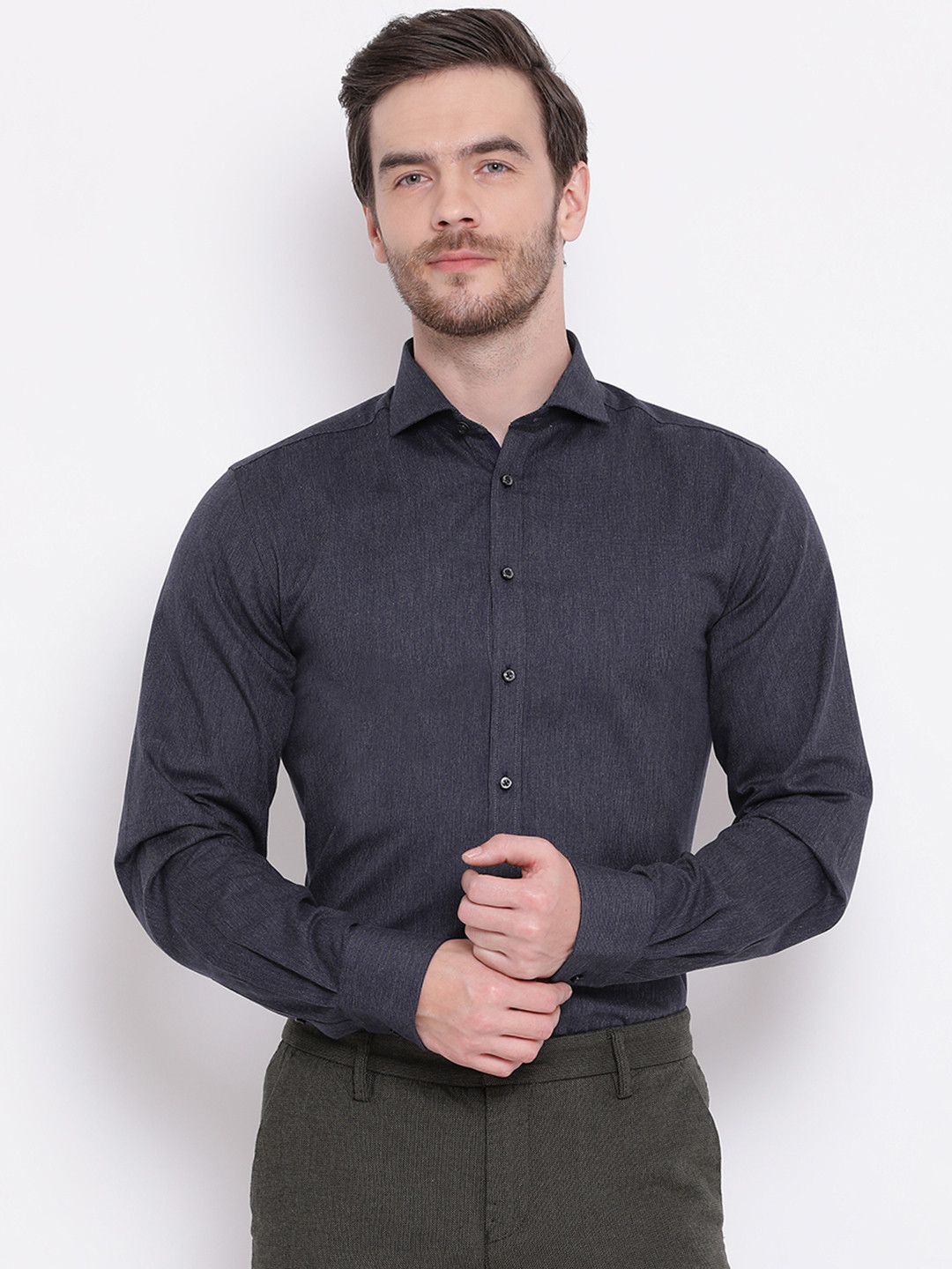 Bruun & Stengade Men Navy Blue Slim Fit Solid Smart Casual Shirt