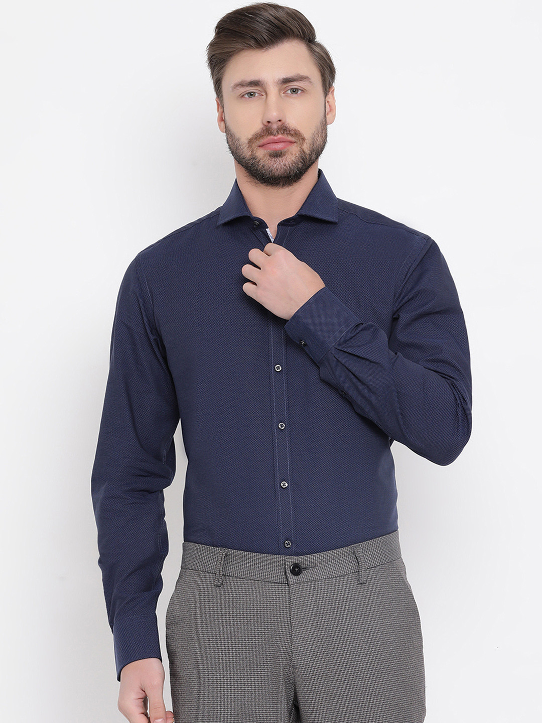 Bruun & Stengade Men Navy Blue Slim Fit Self Design Formal Shirt