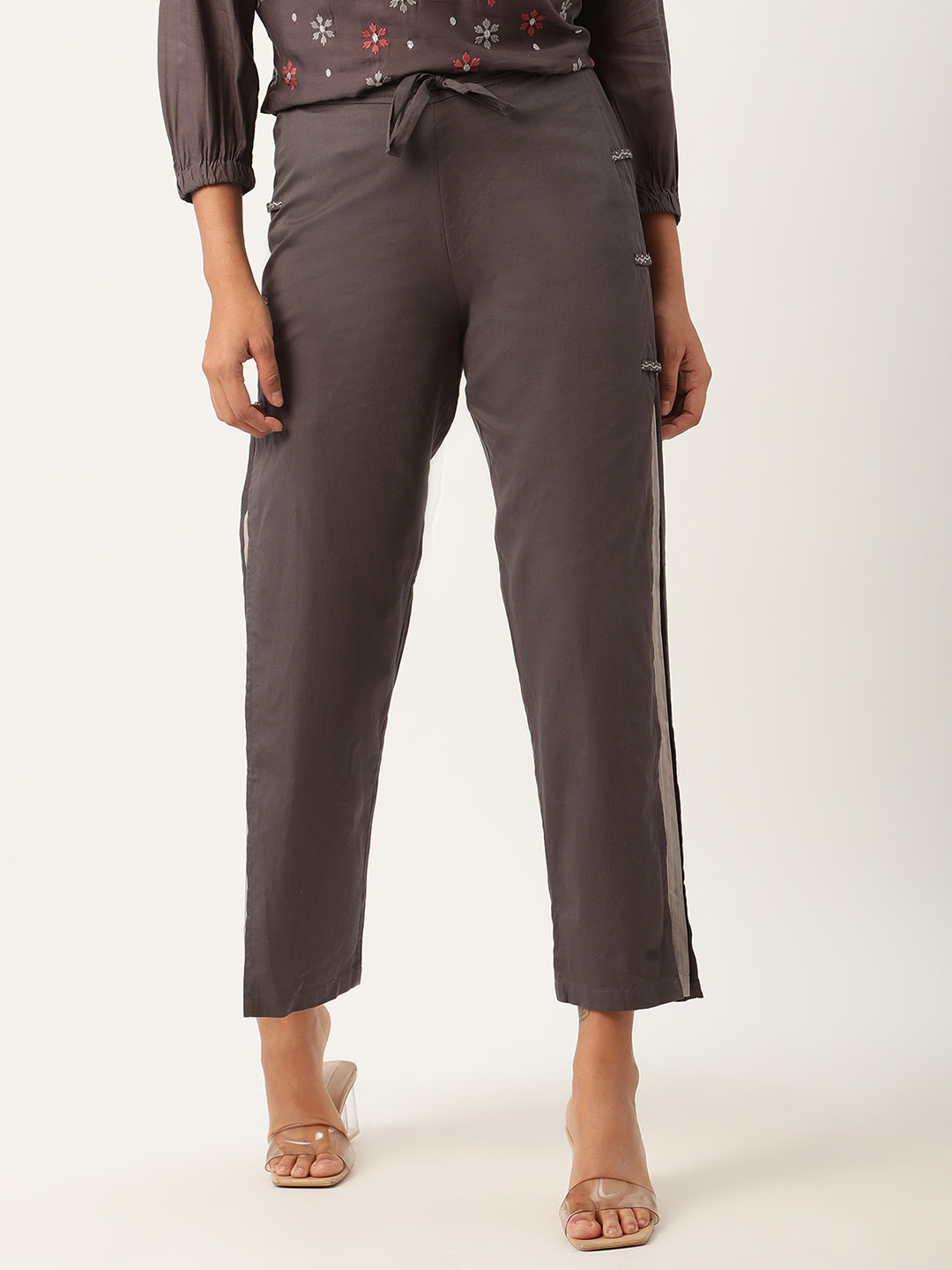 ROOTED Women Charcoal Solid Wide Leg Palazzos