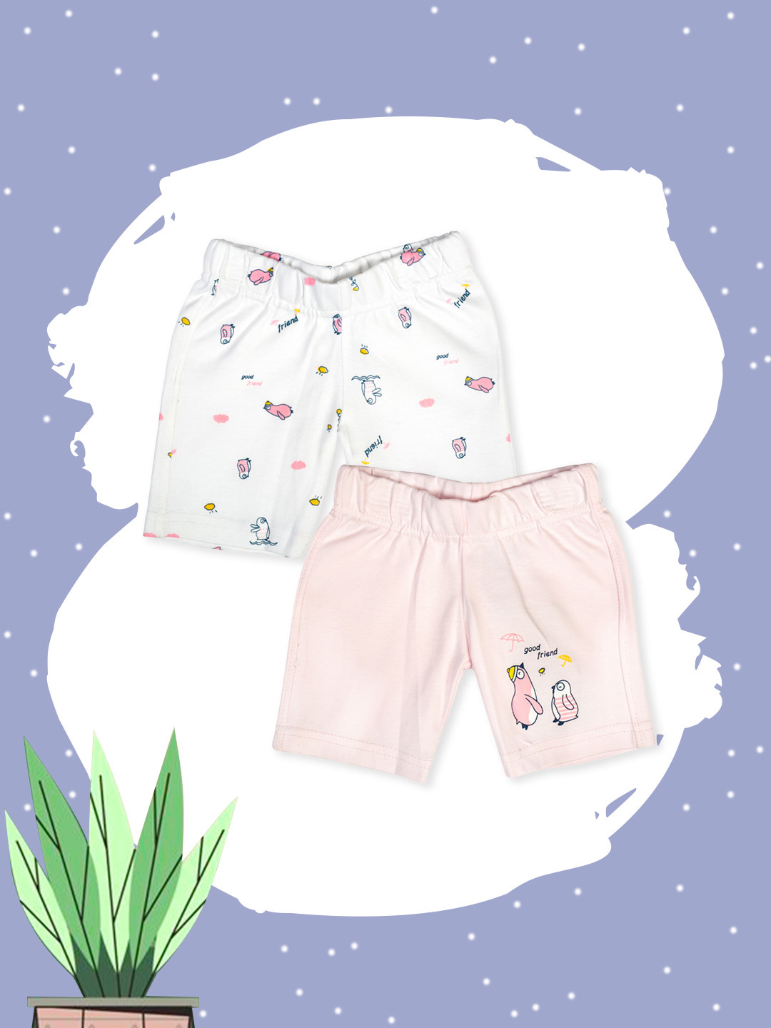 MeeMee Unisex Kids Pack of 2 Pink And White Printed Regular Fit Regular Shorts