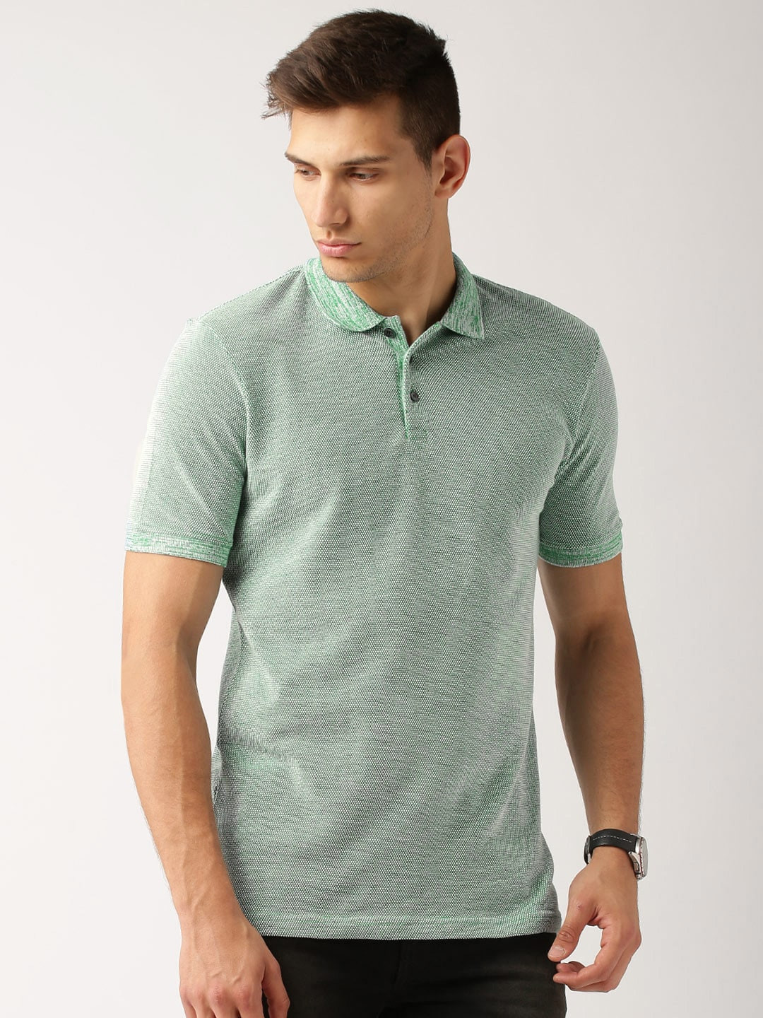 ether Men Green  White Self Design Slim Fit Polo Collar  Cotton T-shirt