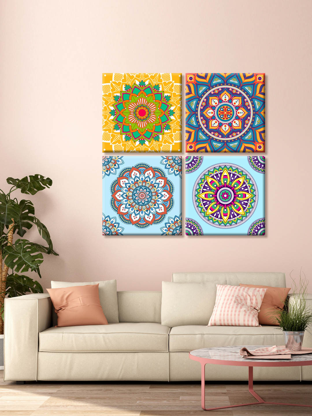 999Store Set Of 4 Yellow Indian Abstract Mandala Printed Canvas Wall Art
