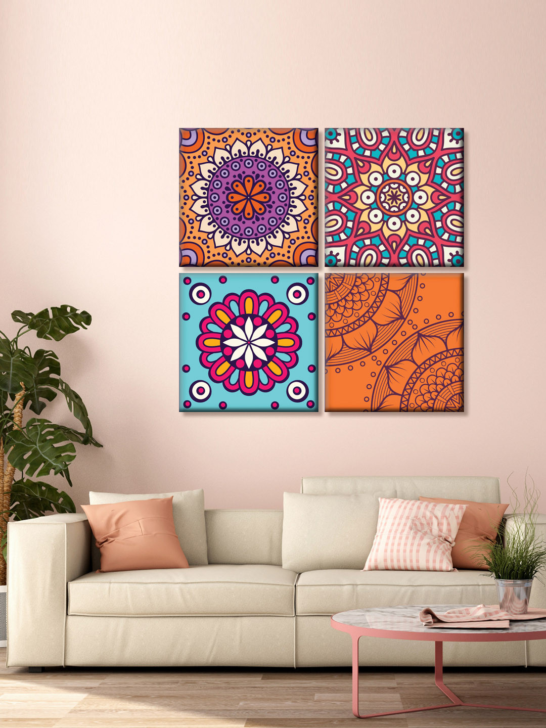 999Store 4 Pcs Orange and Blue Mandala Printed Canvas Mandala Wall Art