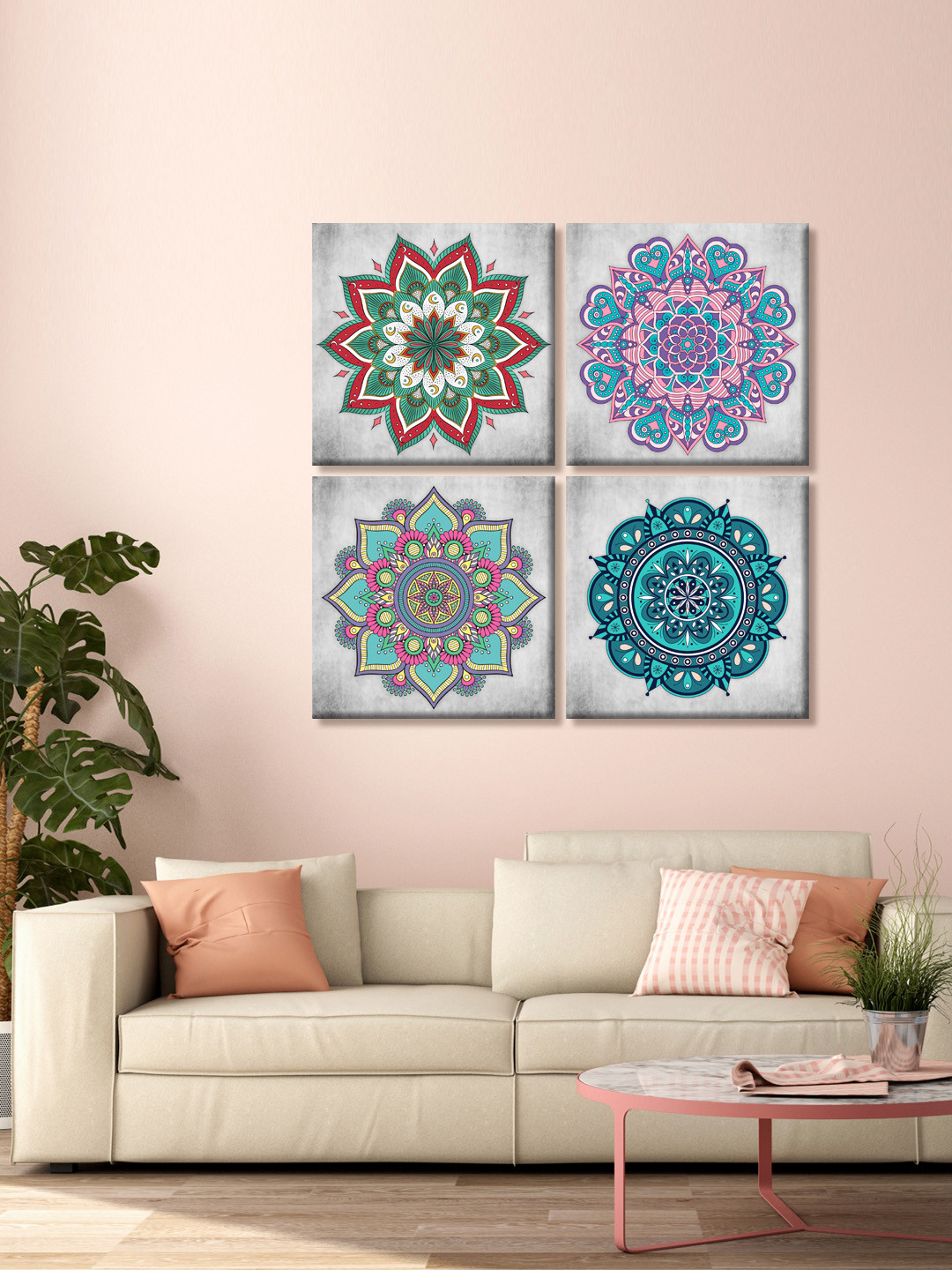999Store Set of 4 Green And Pink Floral Mandala Printed Canvas Wall Art