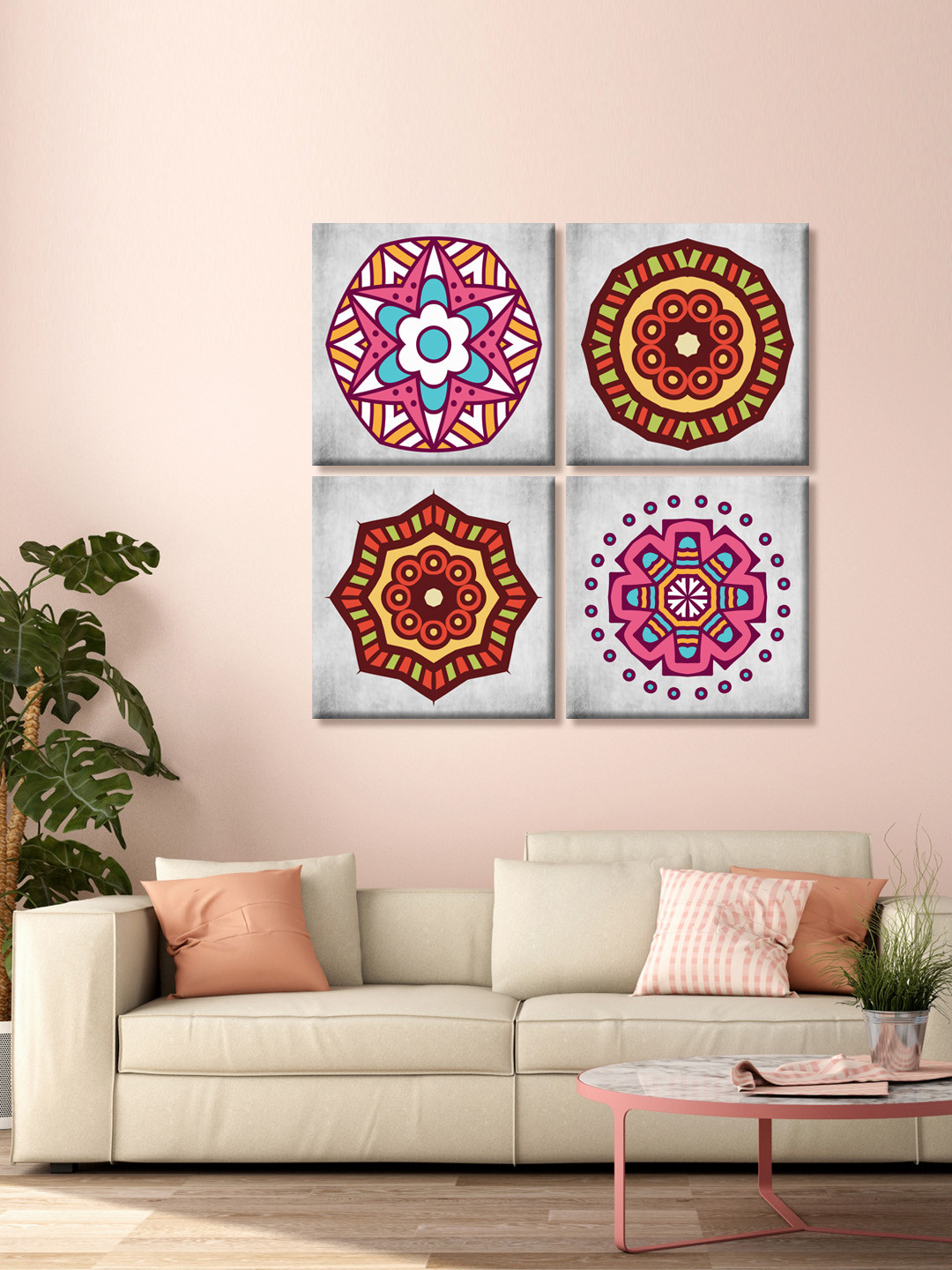 999Store 4 Pcs Grey and Pink Mandala Printed Canvas Mandala Wall Art