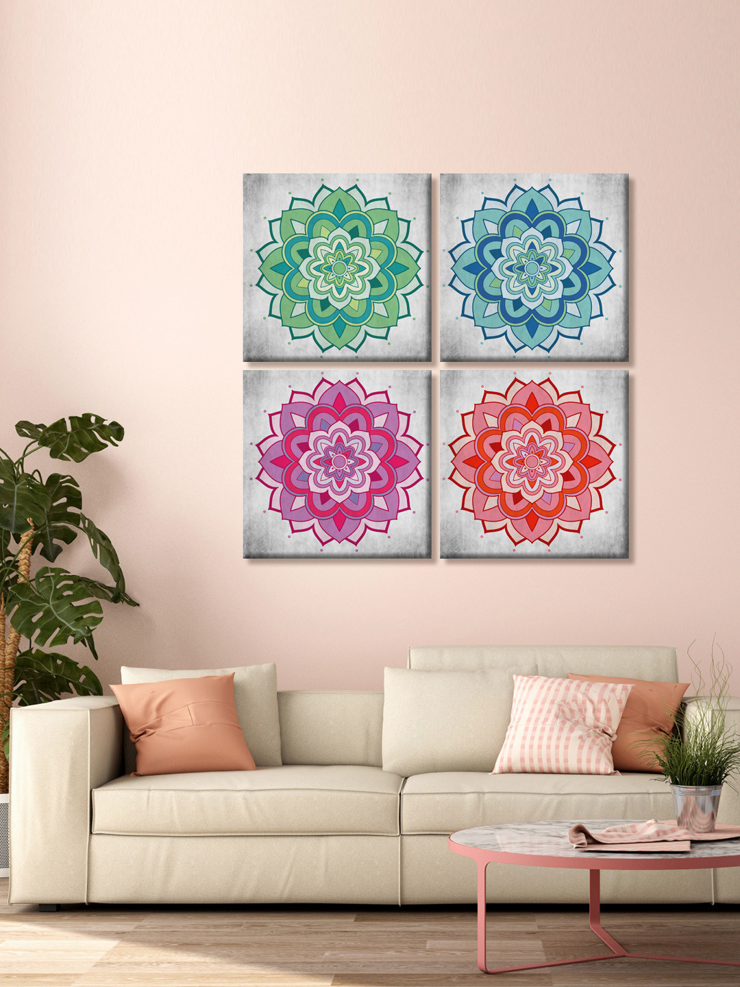 999Store Set of 4 Red and Green Floral Mandala Printed Canvas Wall Arts