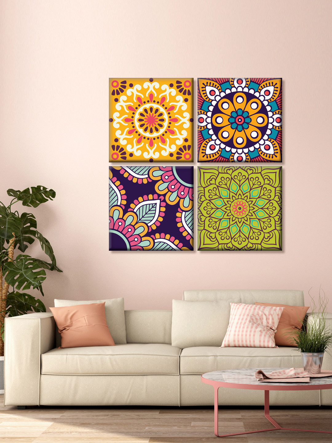 999Store Set Of 4 Yellow Floral Pattern Printed Canvas Mandala Wall Art