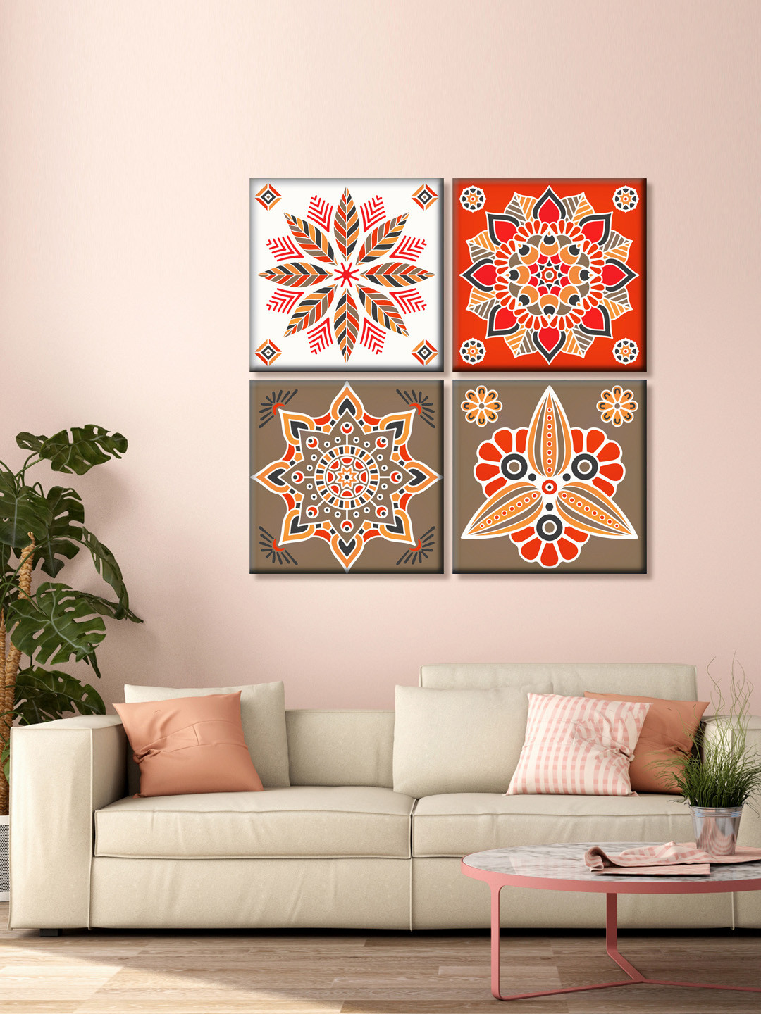 999Store Set Of 4 Red Floral Pattern Printed Canvas Mandala Wall Art