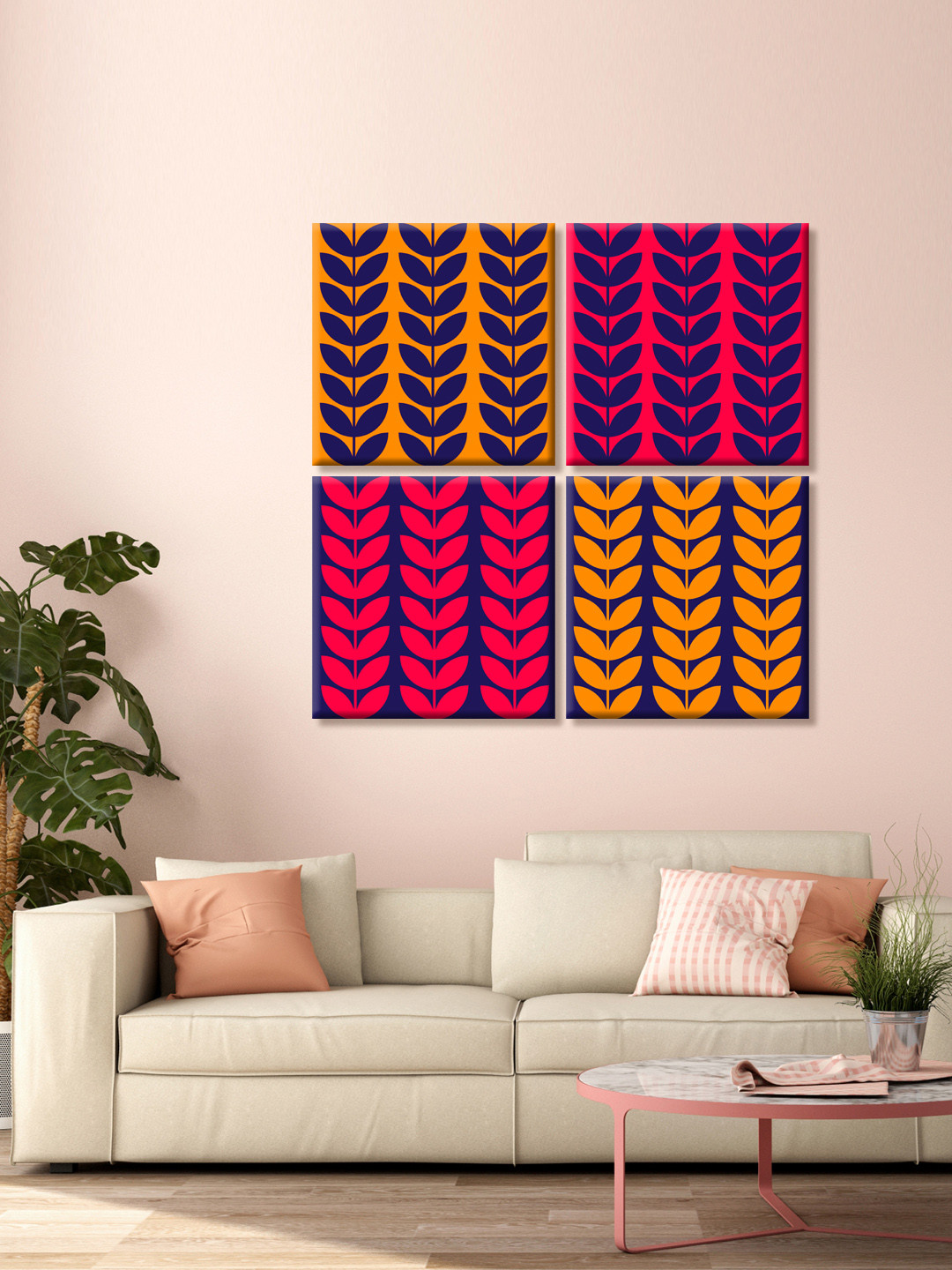 999Store Set of 4 Pink & Navy Blue Leaves Printed Canvas Wall Arts