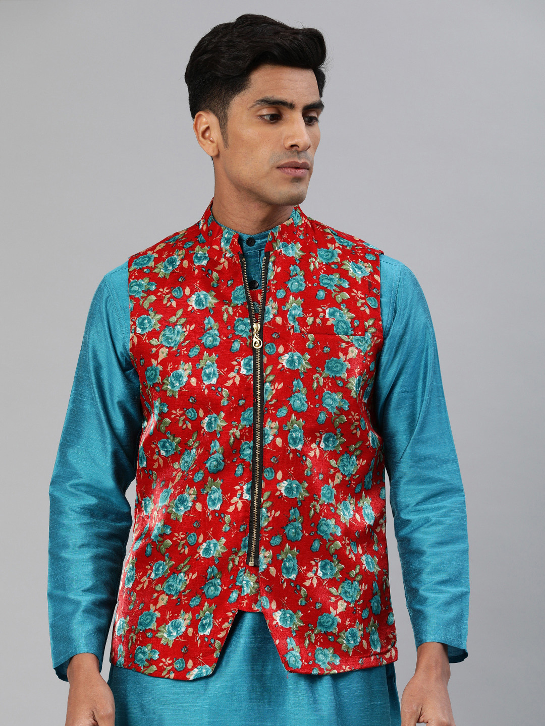 Svanik Men Red & Blue Floral Printed Slim Fit Nehru Jacket