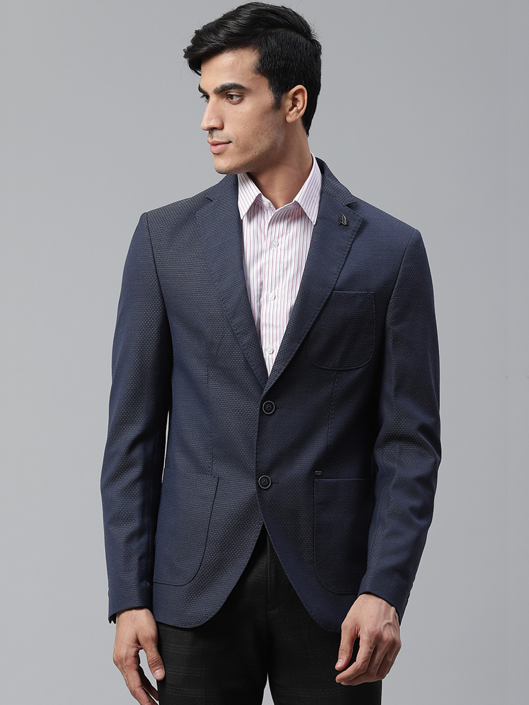 Blackberrys Men Navy Blue Textured Slim Fit Single-Breasted Formal Blazer