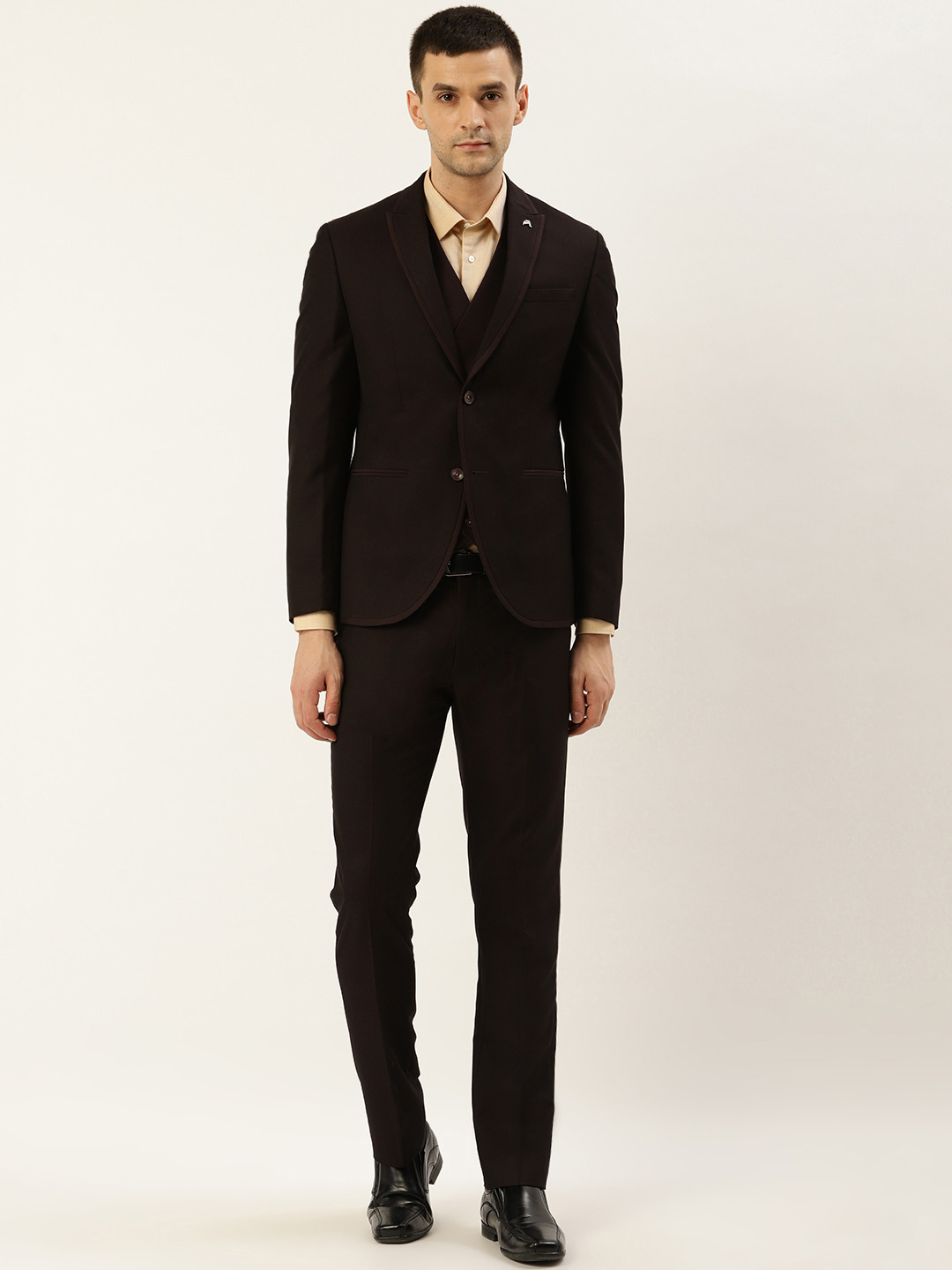 Blackberrys Men Black & Burgundy Self-Design Slim Fit Single-Breasted Formal Suit