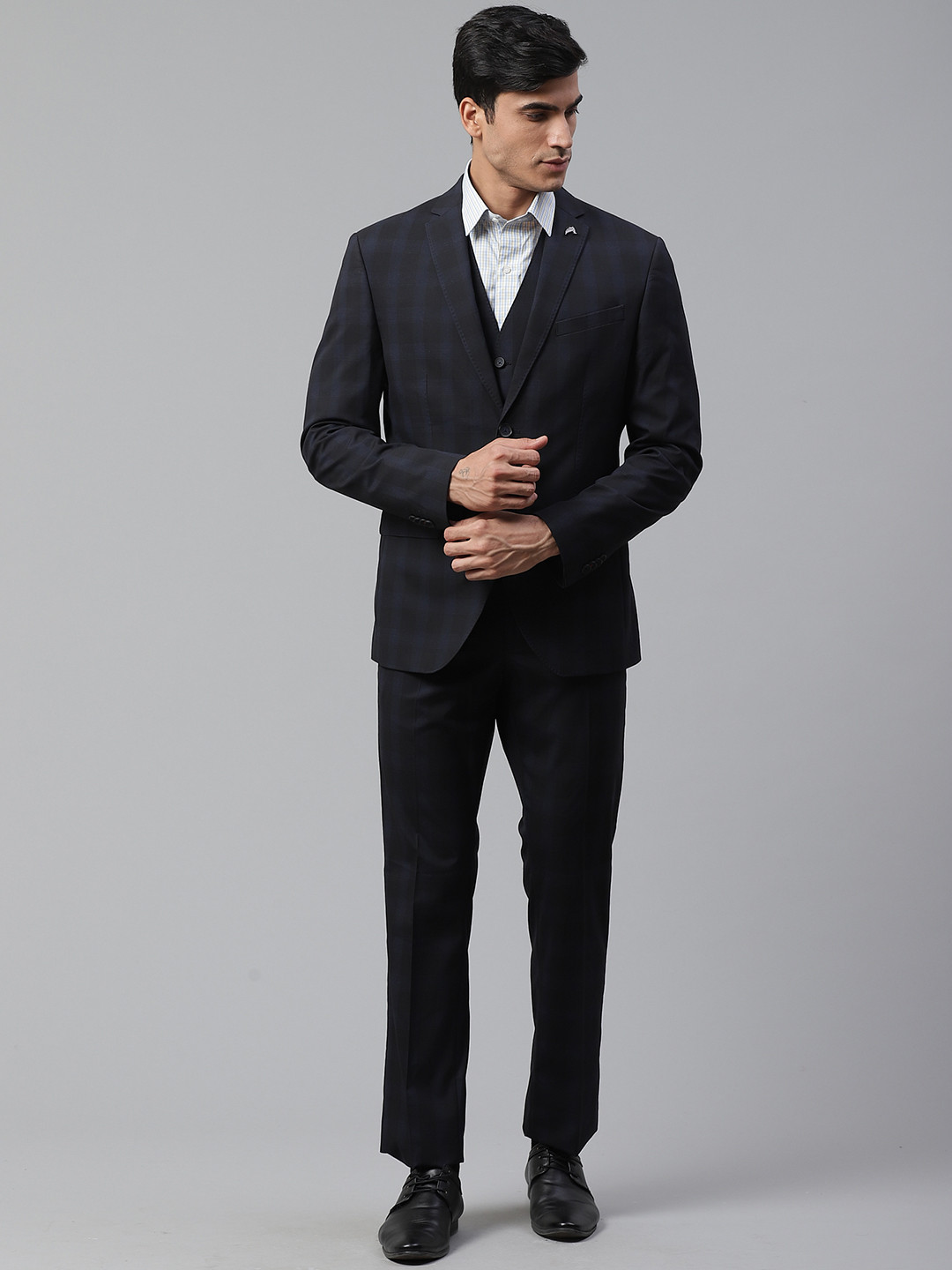 Blackberrys Men Black & Navy Blue Checked Slim Fit Blazer & Waistcoat With Trousers