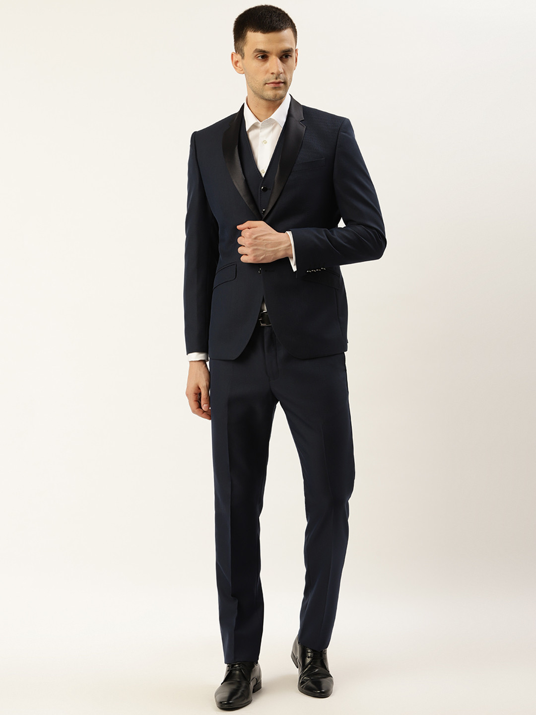 Blackberrys Men Navy Blue Slim Fit Solid Single-Breasted Three-Piece Partywear Tuxedo