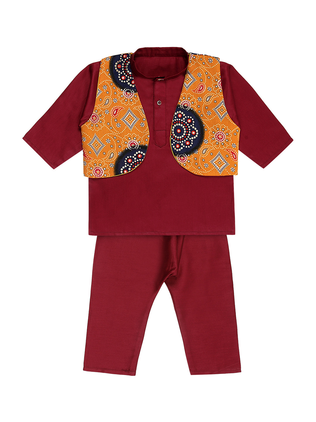 Superminis Boys Maroon & Mustard Yellow Printed Kurta with Pyjamas