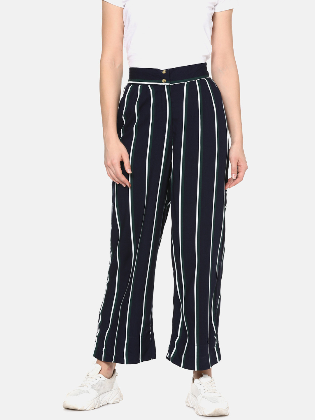 Campus Sutra Women Navy Blue & White Relaxed Loose Fit Striped Parallel Trousers