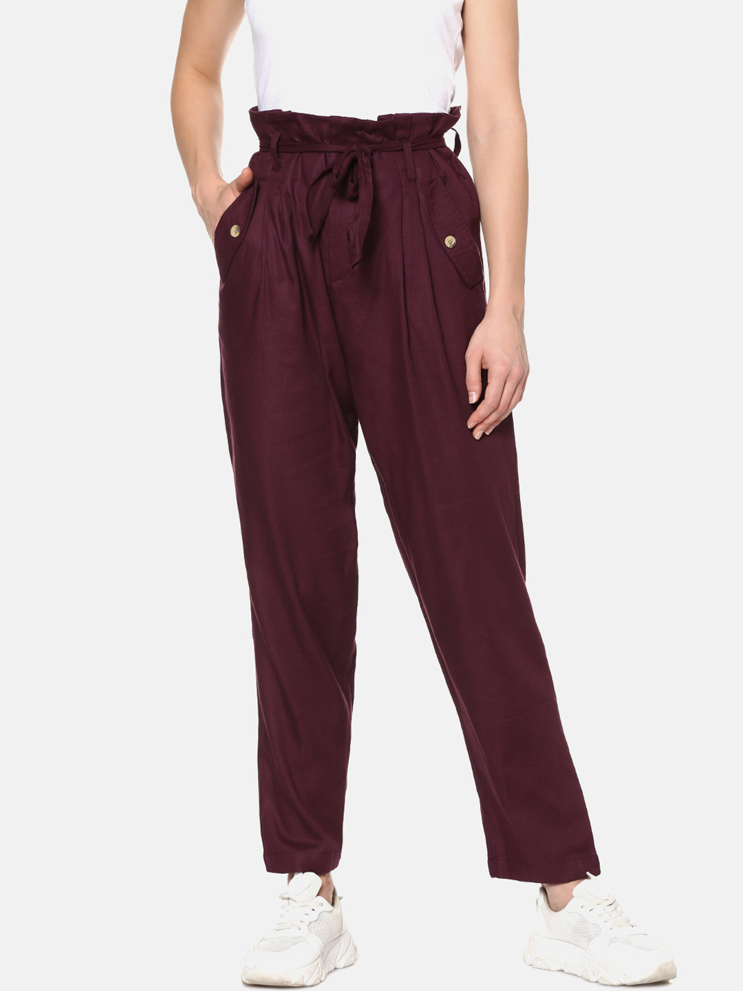 Campus Sutra Women Maroon Relaxed Fit Solid Peg Trousers