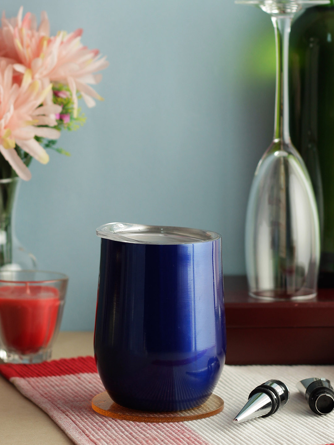 INCRIZMA Blue Stainless Steel Double Wall Vacuum Insulated Wine Tumbler with Lid 355 ml
