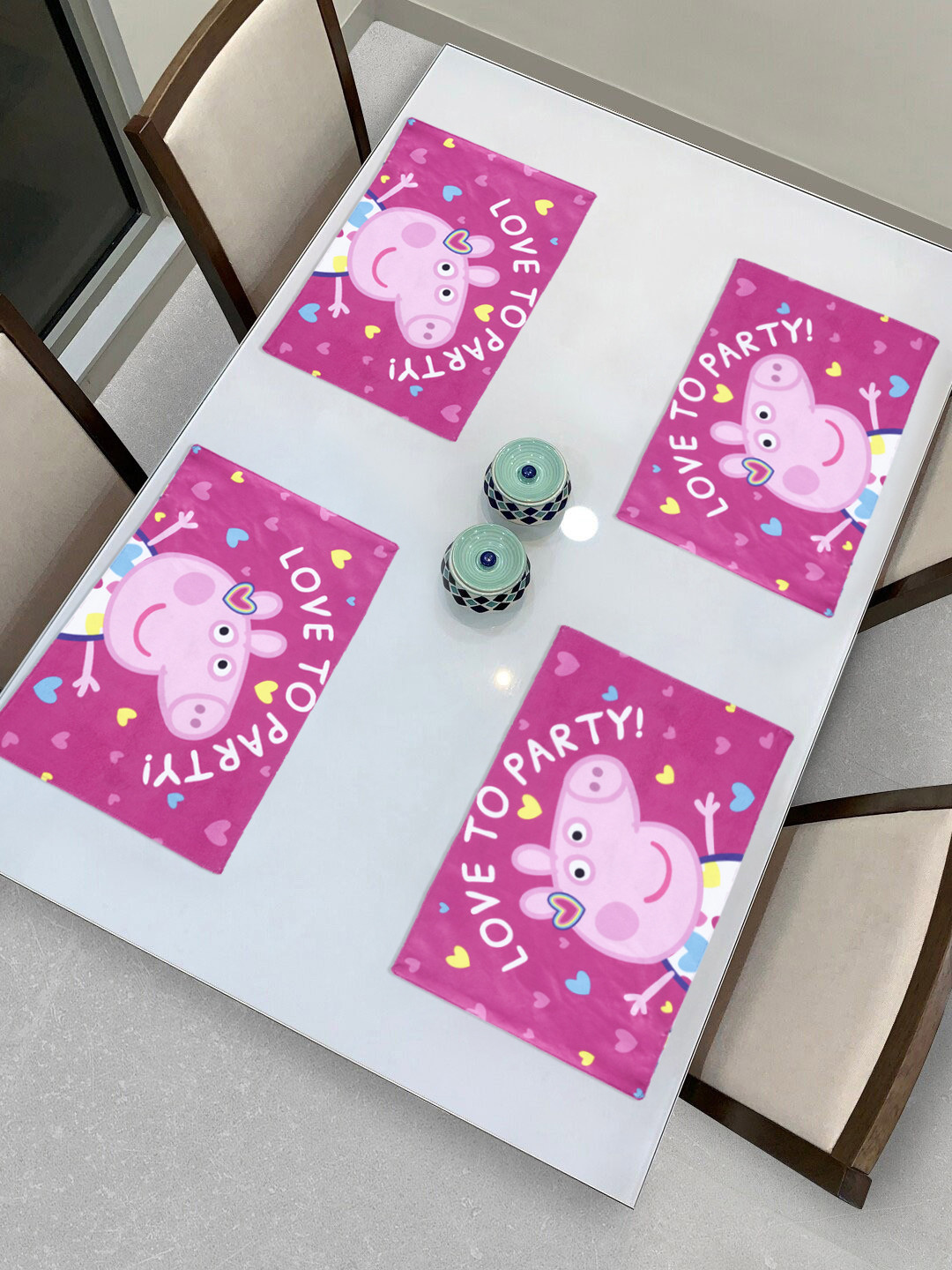 Saral Home Set Of 2 Pink & Blue Peppa Pig Printed Velvet Dining Table Placemats