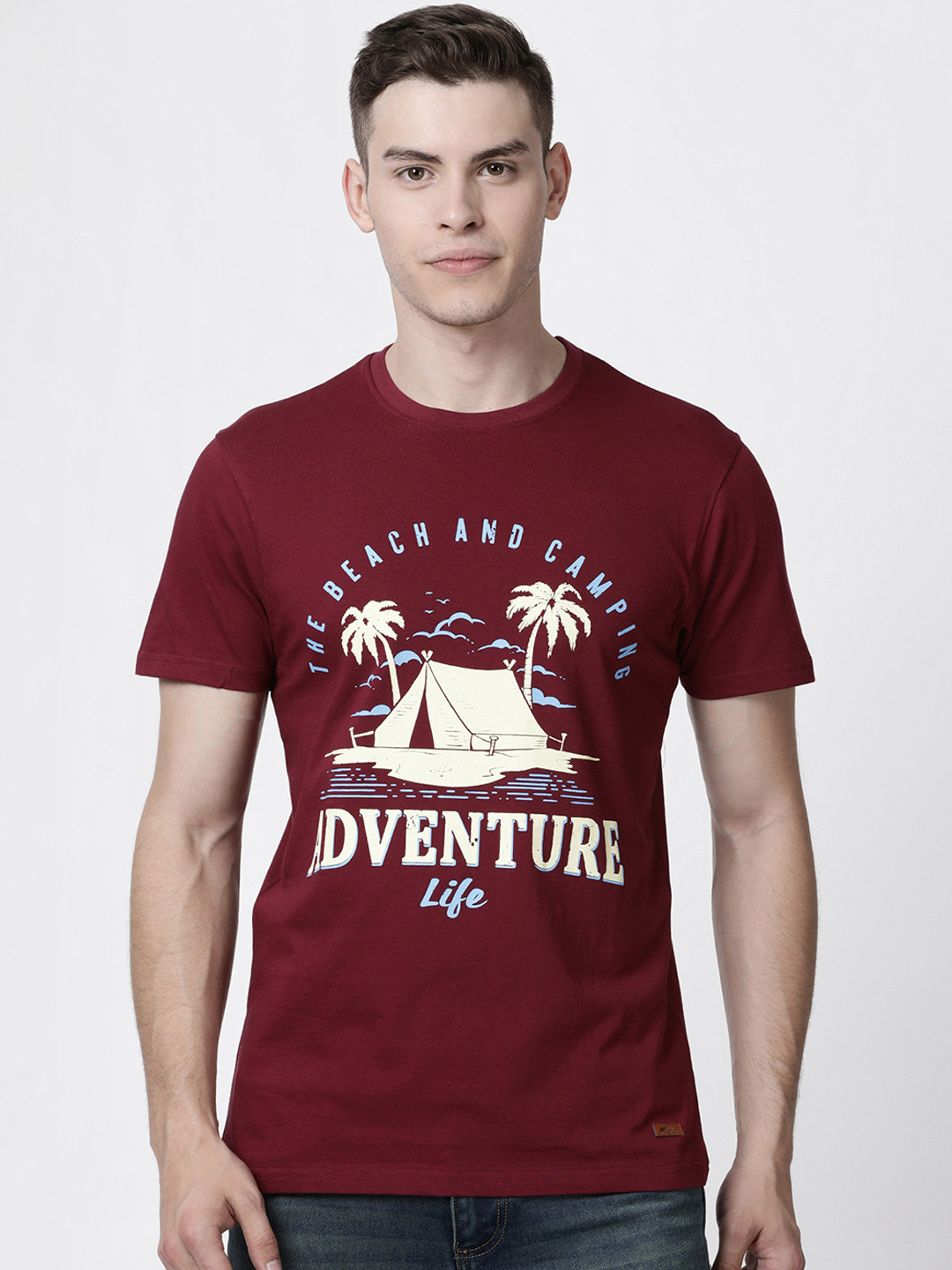 RUG WOODS Men Maroon Printed Round Neck Pure Cotton T-shirt