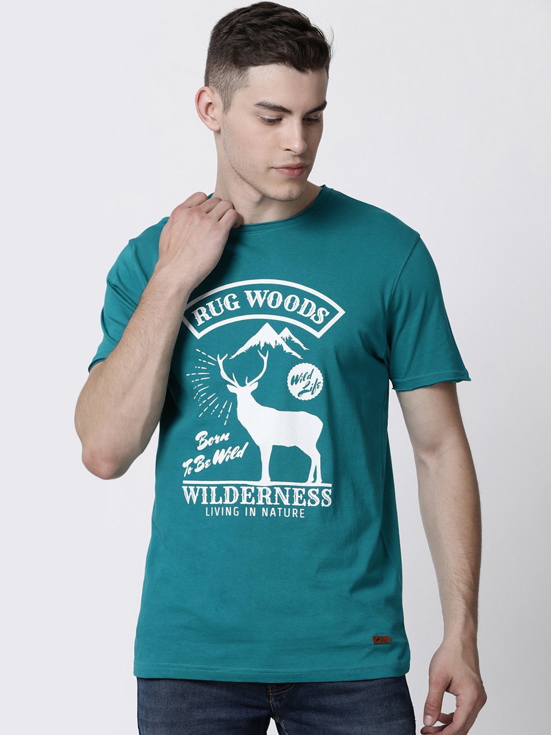 RUG WOODS Men Teal Blue Printed Round Neck Pure Cotton T-shirt