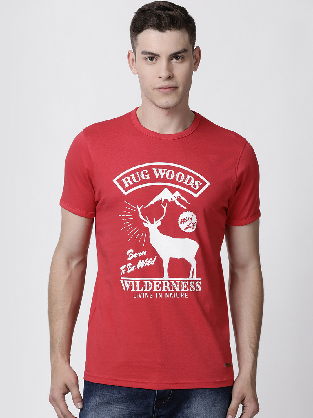 RUG WOODS Men Red Printed Round Neck Pure Cotton T-shirt