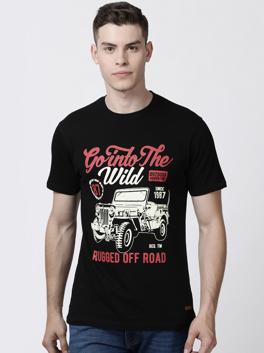 RUG WOODS Men Black Printed Round Neck Pure Cotton T-shirt