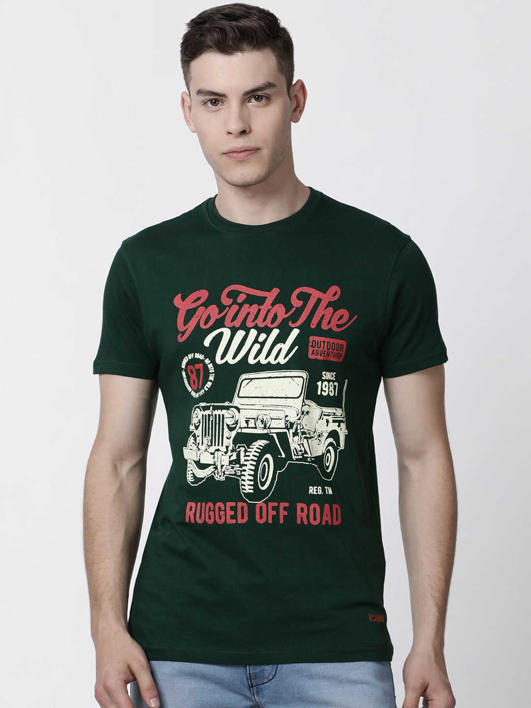 RUG WOODS Men Olive Green Printed Round Neck Pure Cotton T-shirt