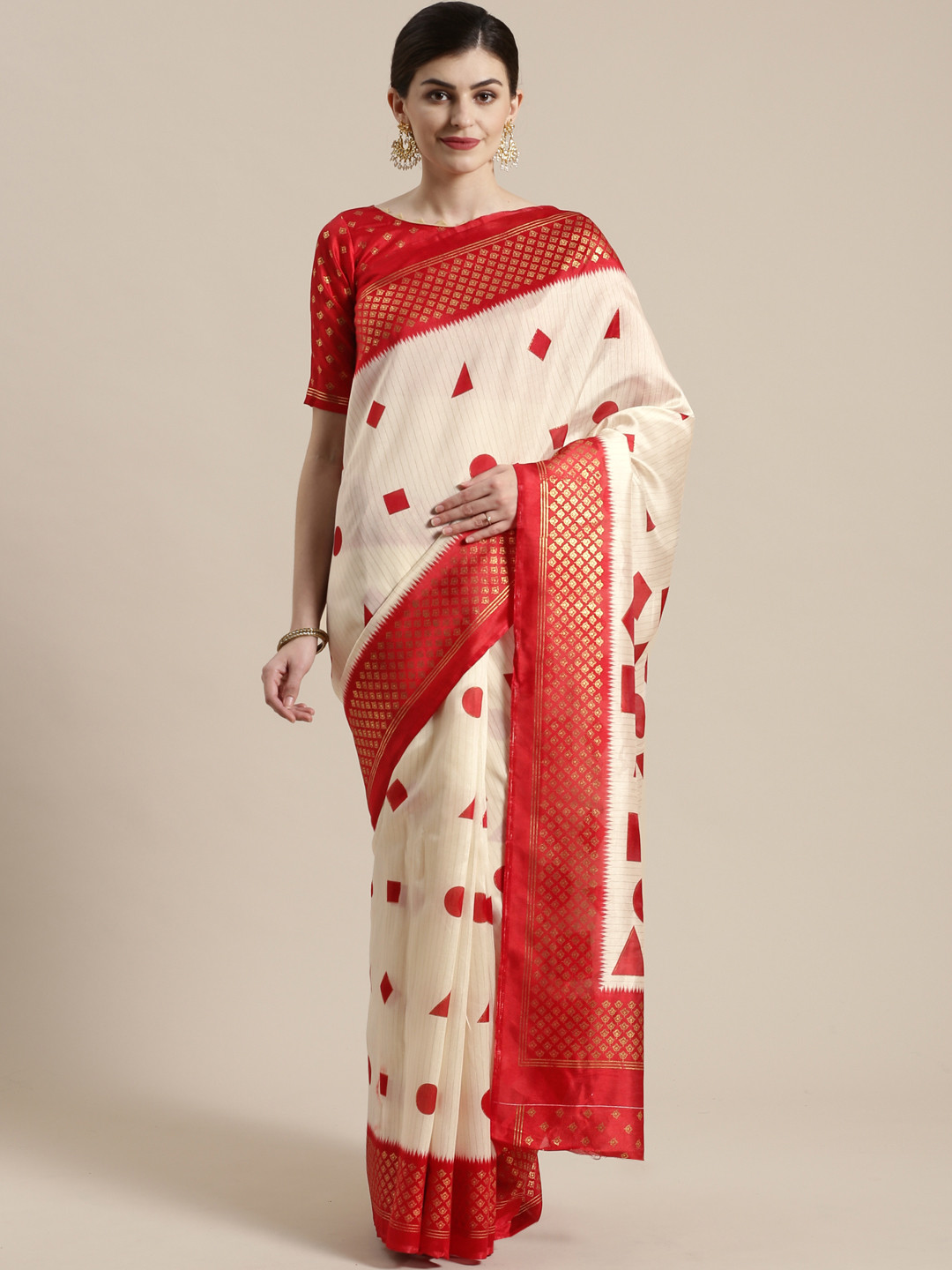Saree mall Off-White & Red Printed Kasavu Saree