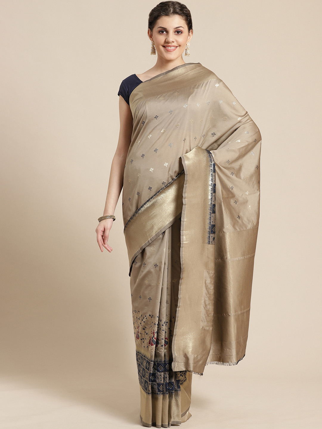 Saree mall Beige & Navy Blue Woven Design Banarasi Saree