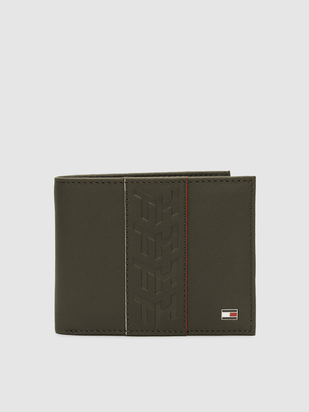 Tommy Hilfiger Men Olive Green Textured Two Fold Leather Wallet