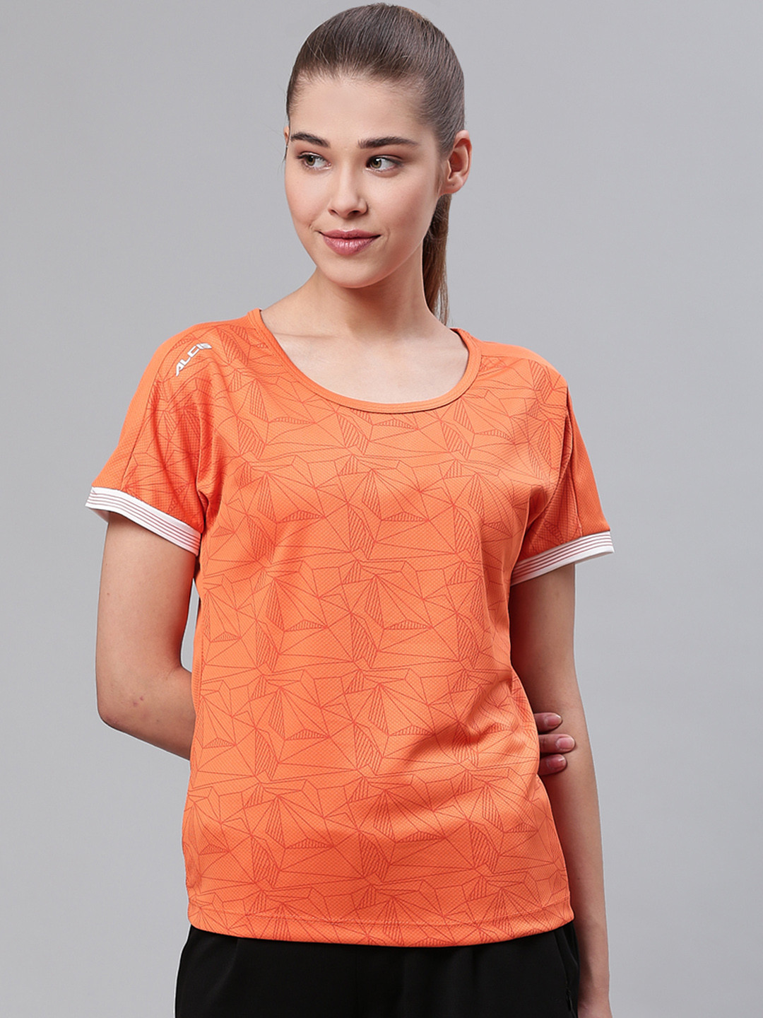 Alcis Women Orange Slim Fit Printed Round Neck Tennis T-shirt