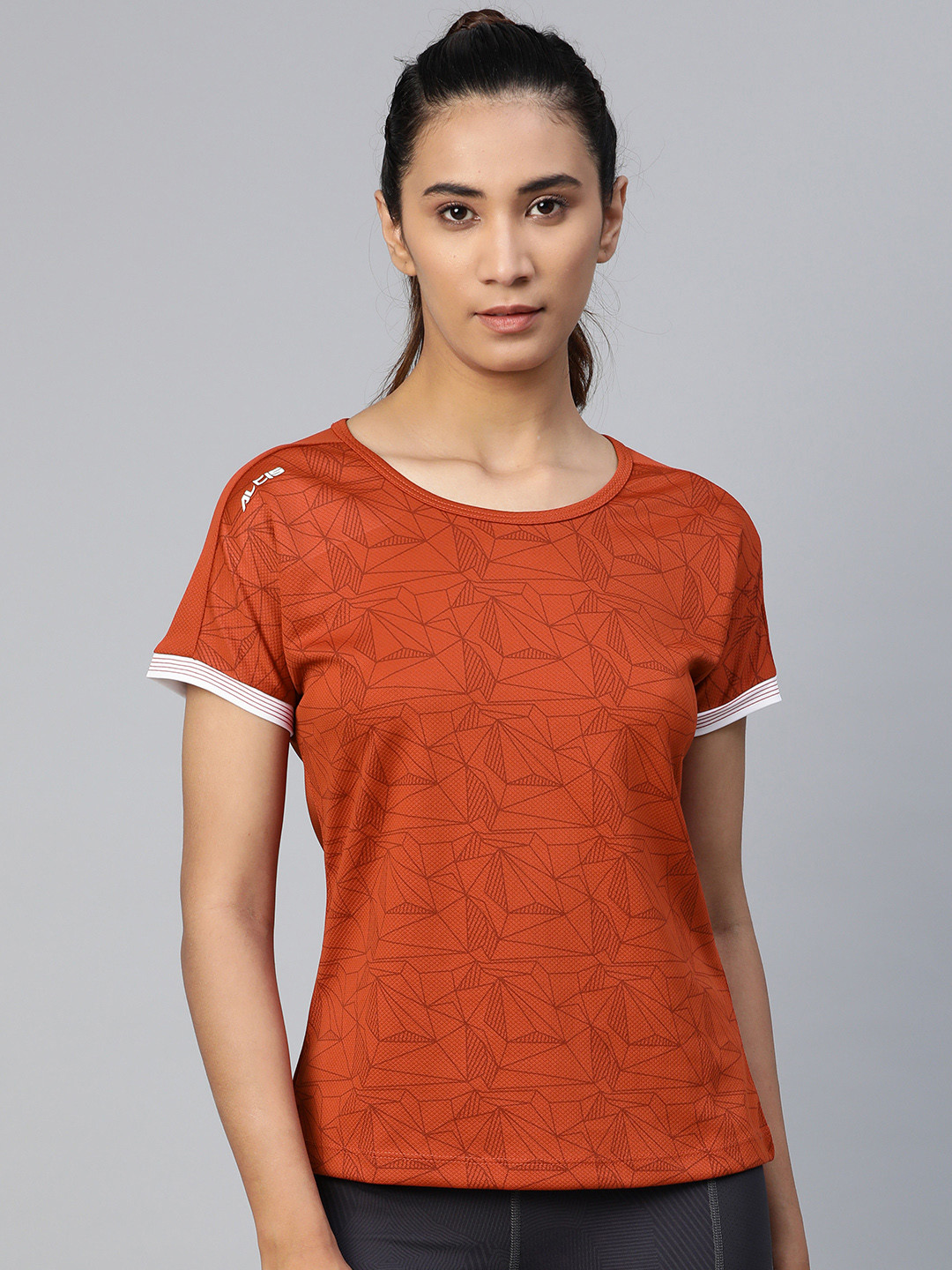 Alcis Women Rust Orange & Maroon Printed Round Neck Tennis T-shirt