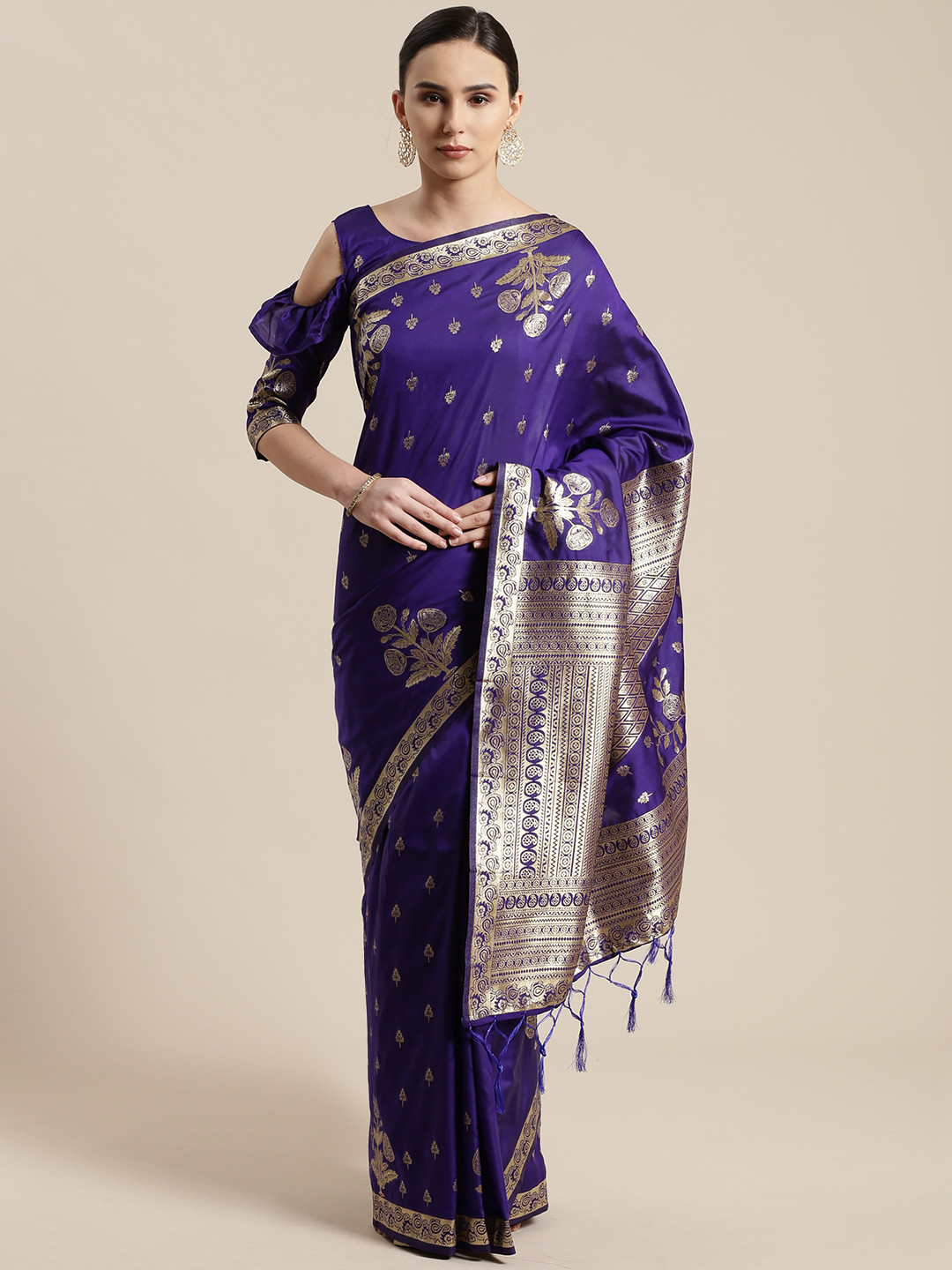 Saree mall Blue & Golden Woven Design Banarasi Saree