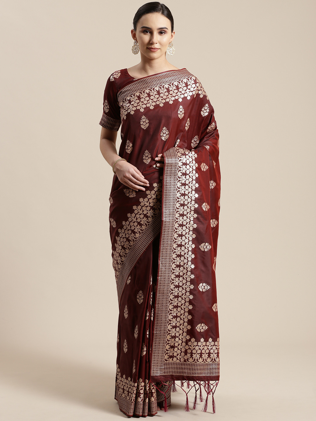 Saree mall Burgundy & Golden Woven Design Banarasi Saree