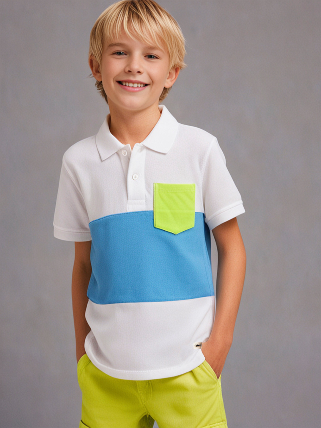 Cherry Crumble Boys White & Blue Colourblocked Polo Collar T-shirt