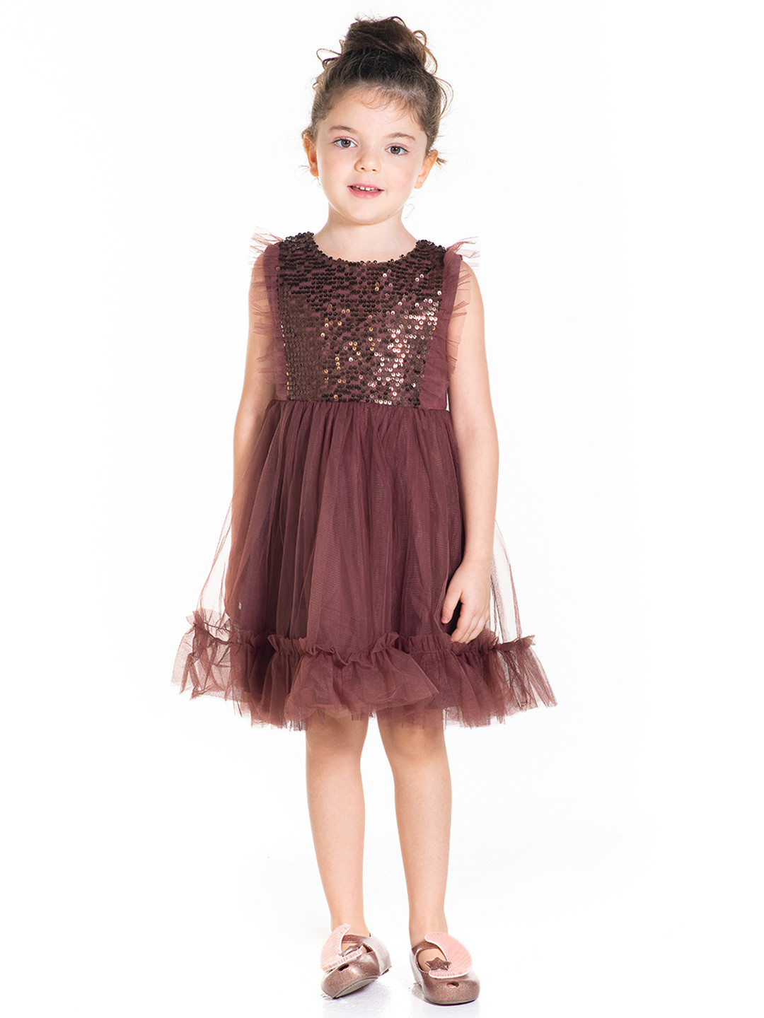 Cherry Crumble Girls Dark Brown Sequinned Net Fit & Flare Dress