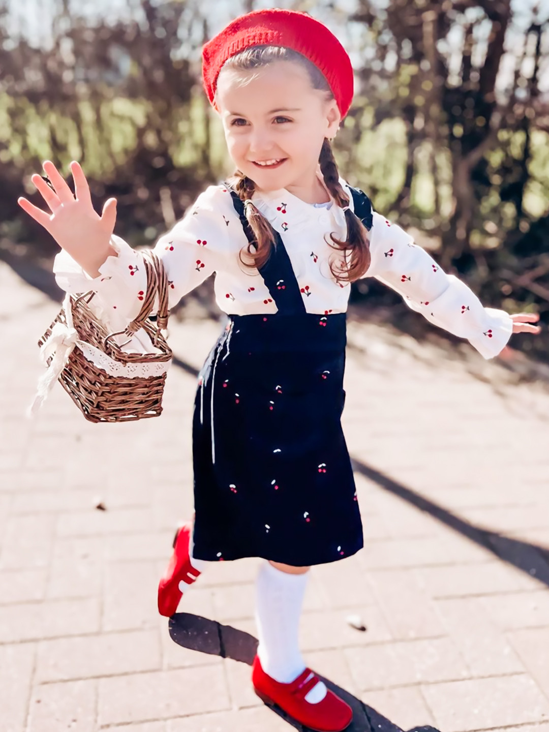 Cherry Crumble Girls Navy Blue Corduroy Cherry Embroidered Pinafore Dress