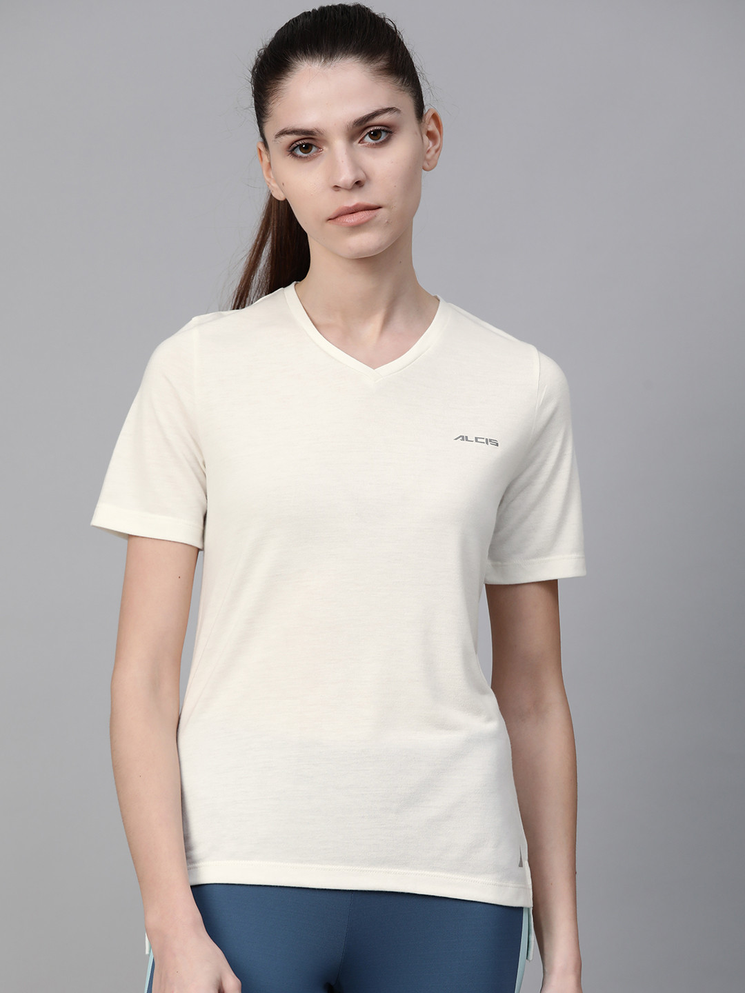 Alcis Women Off-White Solid V-Neck High-Low Training T-shirt