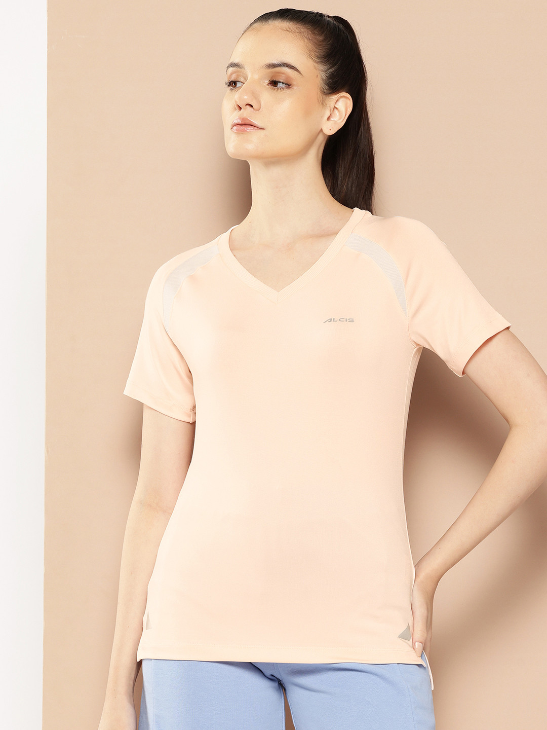 Alcis Women Peach-Coloured Solid Training T-shirt