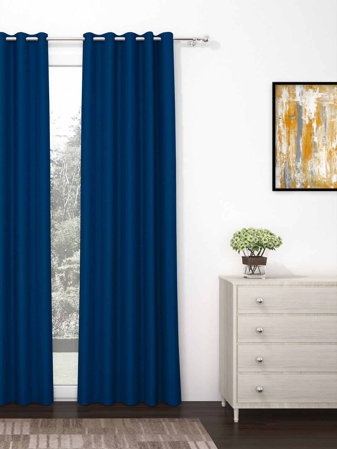 Story@Home Faux Silk Solid Solid 300GSM Navy Blue Room Darkening Blackout Long Door Curtain - Set Of 1