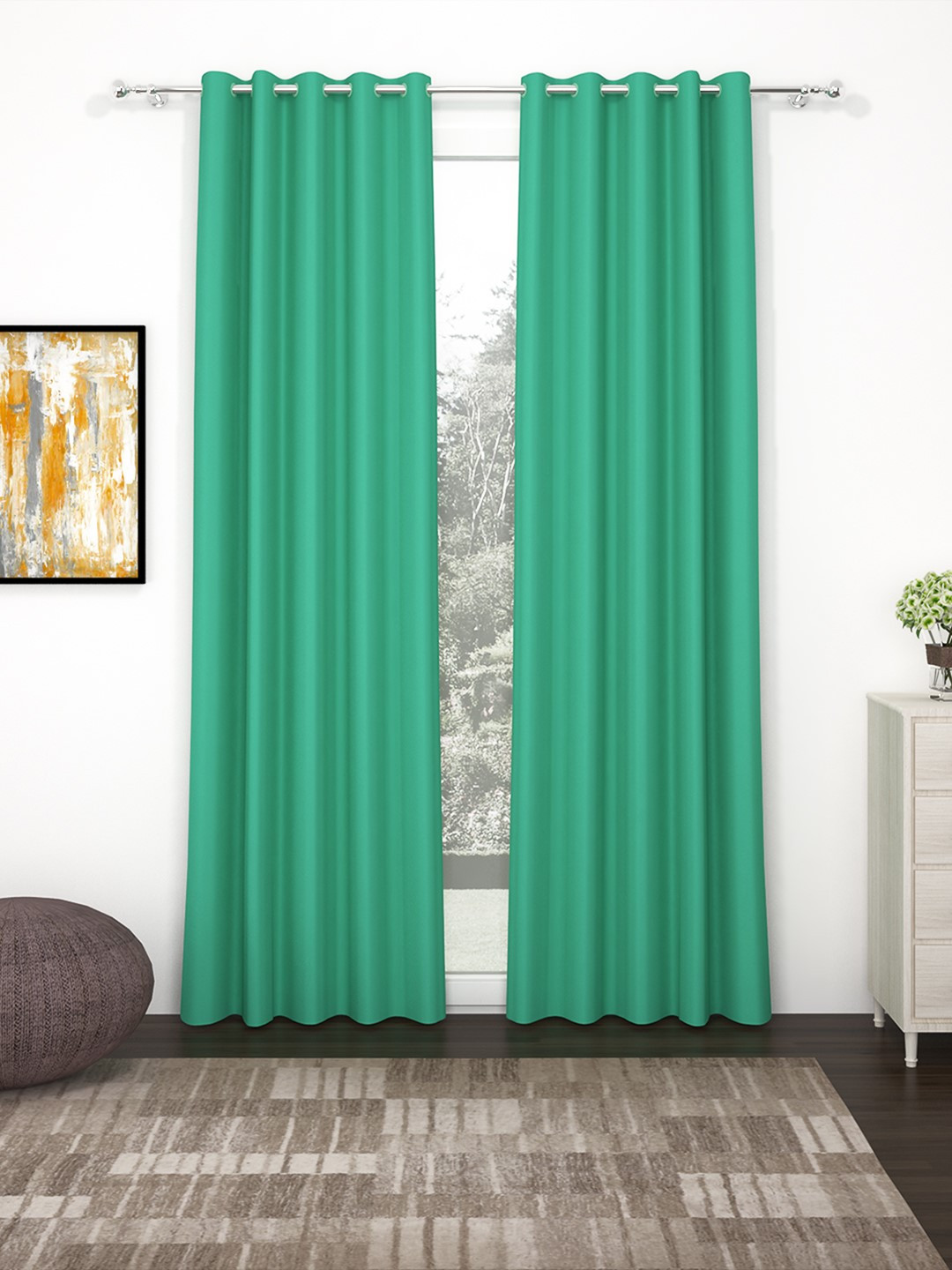 Story@Home Faux Silk Solid 300GSM Teal Room Darkening Blackout Door Curtain - Set of 2