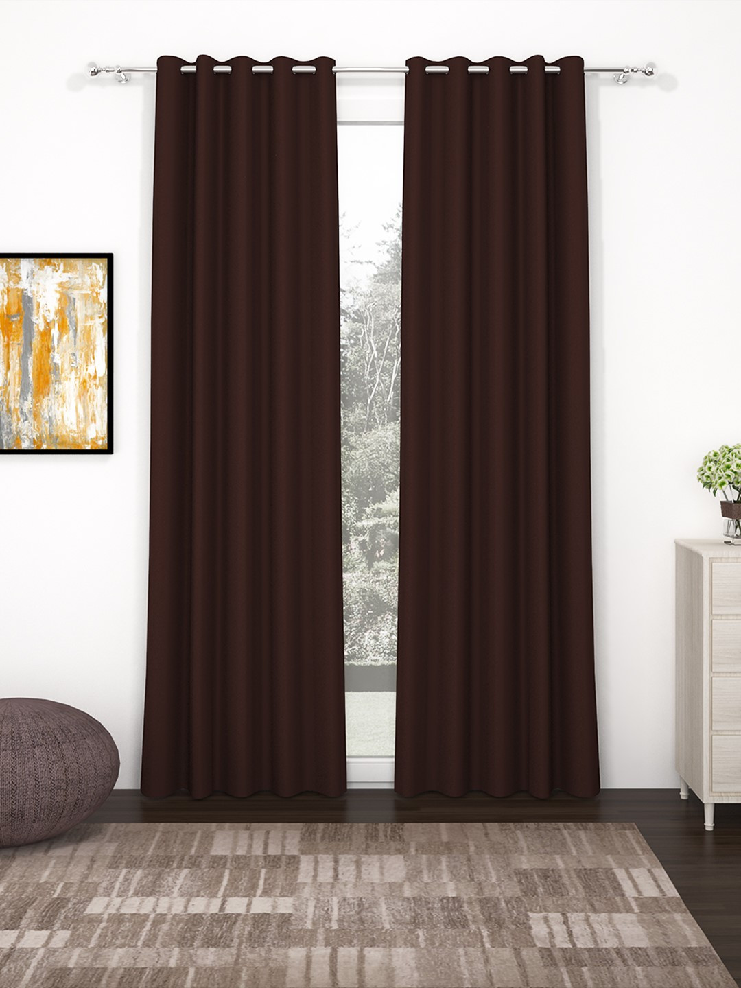 Story@Home Faux Silk Solid Solid 300GSM Dark Brown Room Darkening Blackout Long Door Curtain - Set of 2