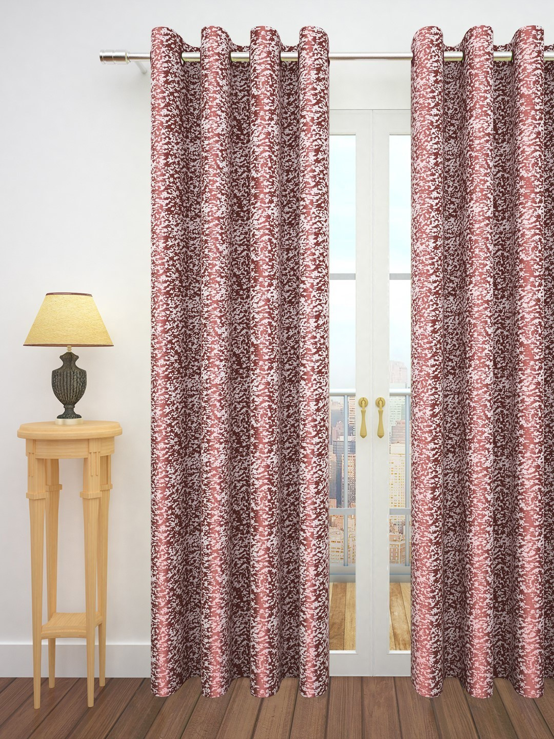 Story@home Maroon & White 300GSM Semi Blackout Jacquard Eyelet Ringtop Single Door Curtain